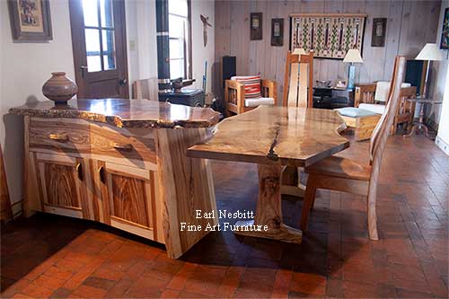 custom made live edge cabinet and table installed with custom chairs